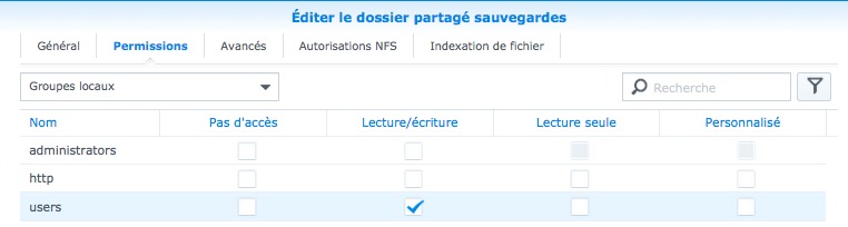 Synology - Panneau de configuration - Dossier partagé - Privilèges NFS