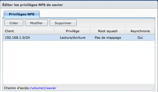 Synology - Panneau de configuration - Editer les privilèges NFS