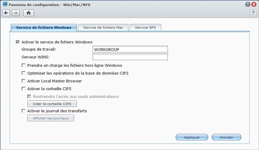 Synology - Panneau de configuration - Servide de fichiers Windows